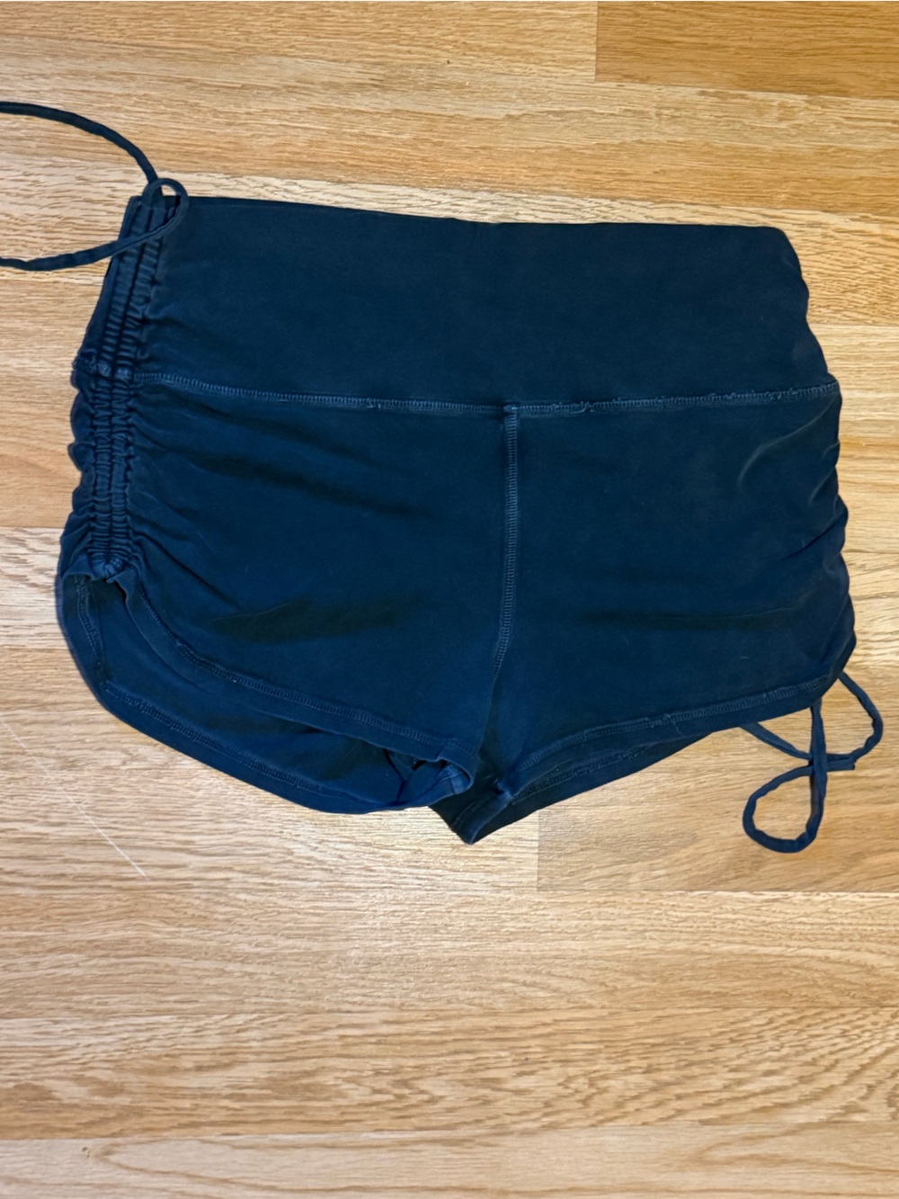 High-Waist Black Ruched Side-Drawstring Women’s Shorts